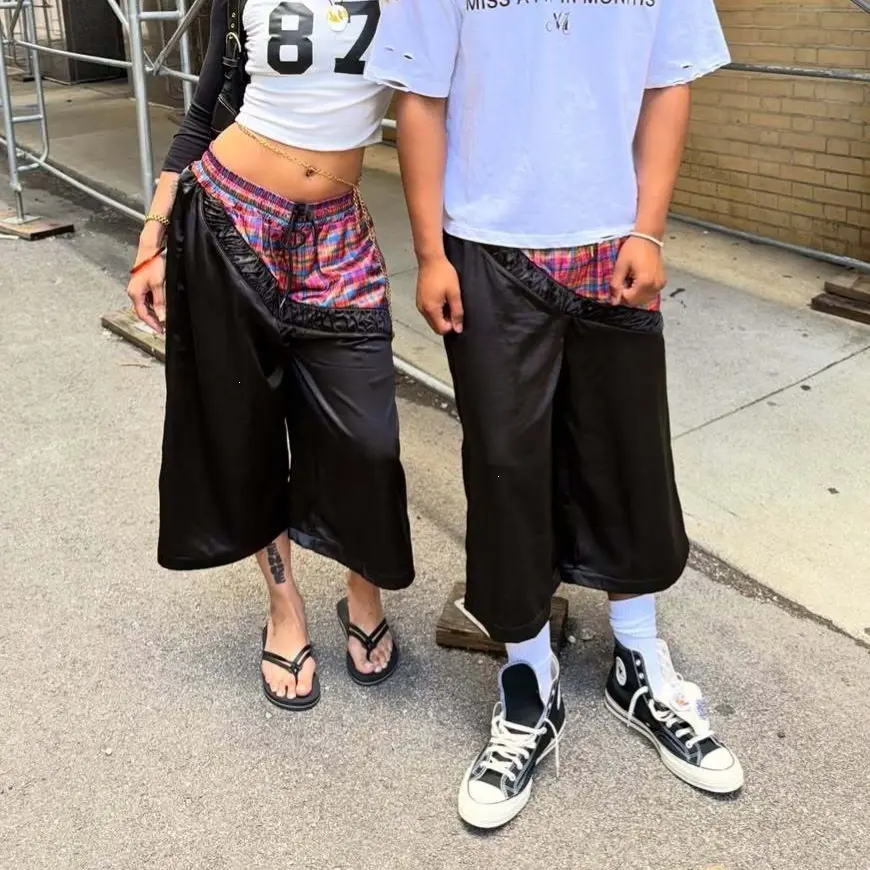 Retro Patchwork Color-Block Plaid Sports Wide-Leg Shorts