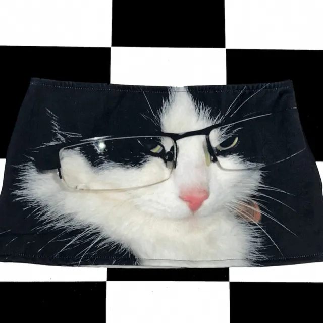 Millennium Cartoon Digital Printing Low Waist Mini Skirt Black Glasses Cat - Shop at LoveMi