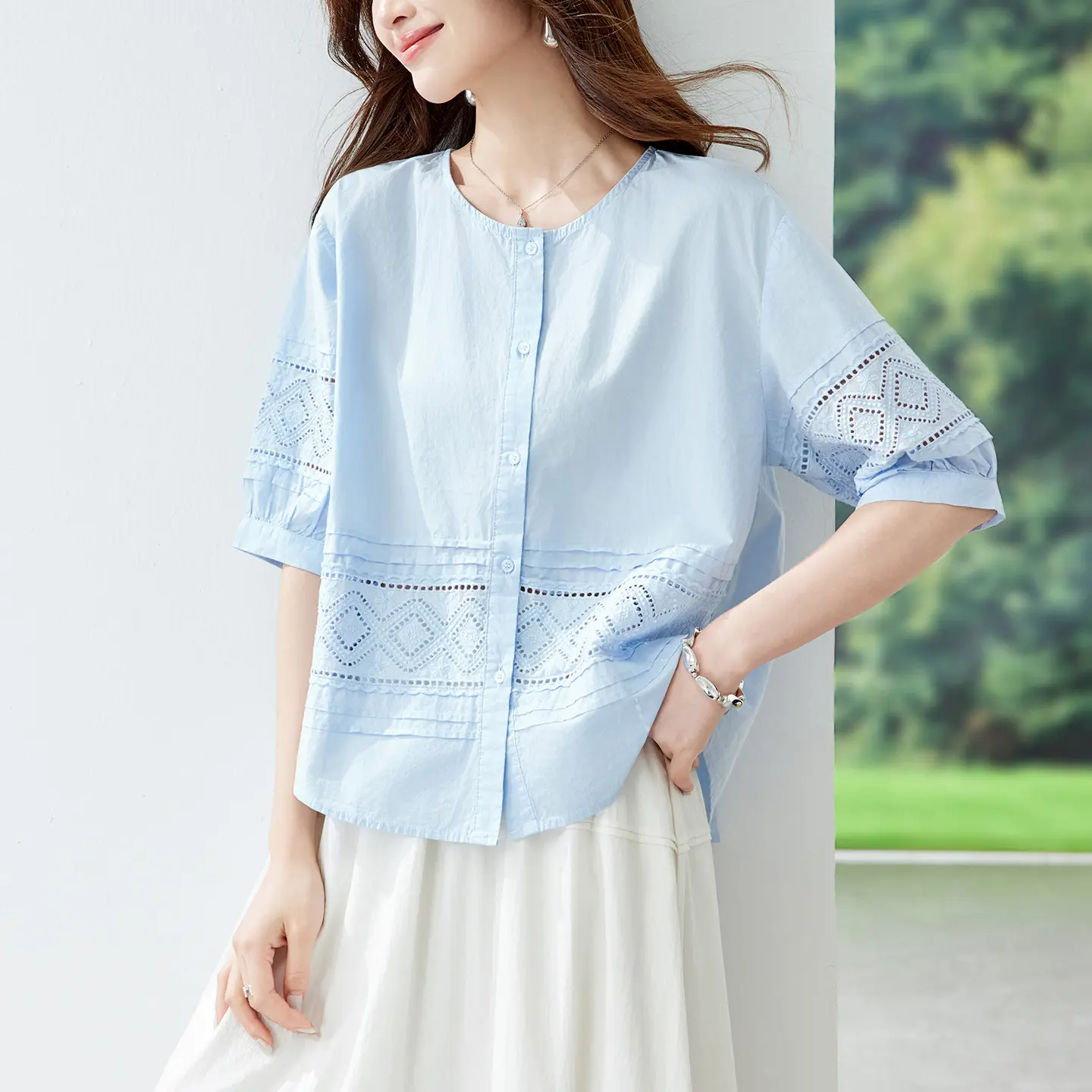 Womens Loose-fit Figure-flattering Bohemian-style Jacquard Blouse