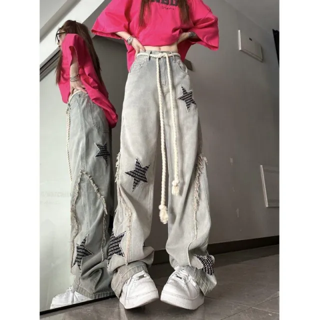 Retro Star Jeans Women's Straight Wide leg Pants Light Blue - Shop at LoveMi