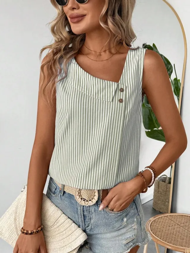 Casual Diagonal Collar Sleeveless Multi color Stripe Women's Top Matcha Xxl - Shop at LoveMi