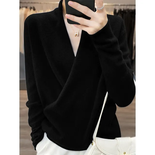 Pure Wool V neck Women's Sweater Black - Shop at LoveMi