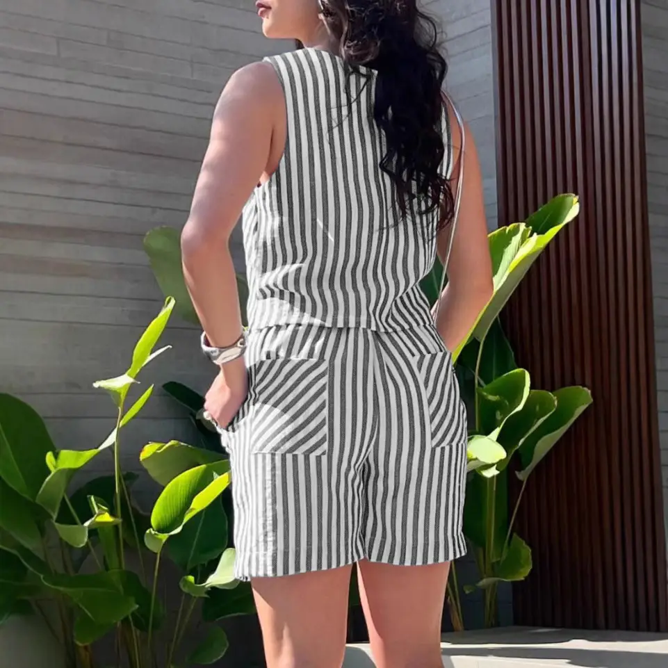 Summer New V-Neck Sleeveless Striped Jumpsuit Shorts