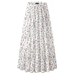 Women's Chiffon Elastic High Waist Pleated A Line Flared - Flower262 - View 1