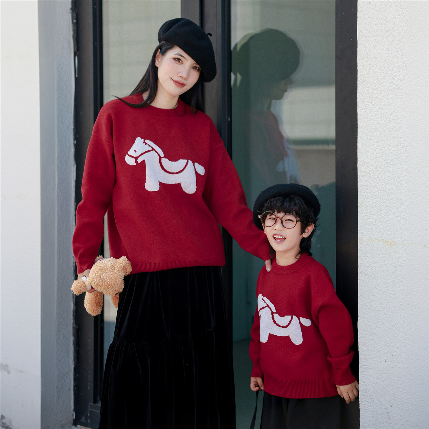 New Years Day Family Matching Sweater Red With A Little Horse Pattern For Mother And Daughter