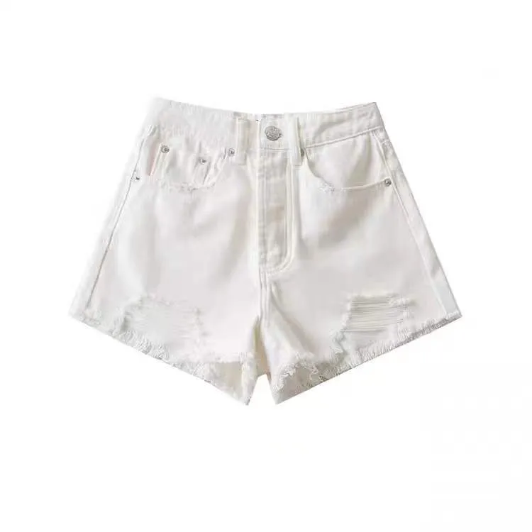 Denim Shorts High Waist Women's Elastic High Tight Slimming Sheath - White