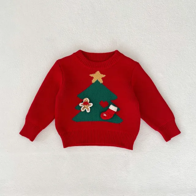 Autumn And Winter Sweater 0 3 Years Baby Girl Christmas Tree Jacquard Pullover Sweater Coat Red - Shop at LoveMi