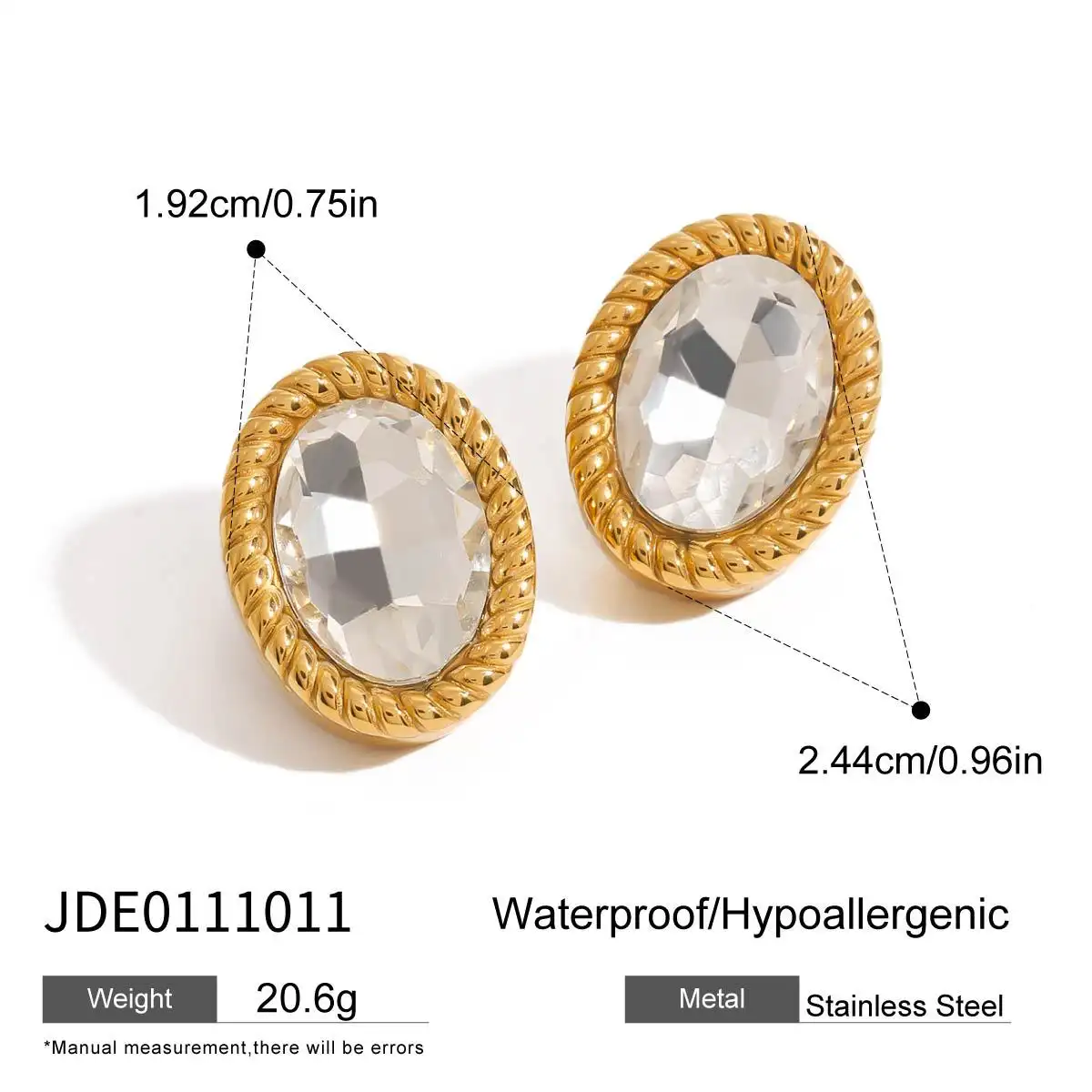 Design 18K Gold Stainless Steel Oval Glass Stone Earrings