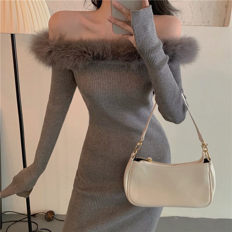 Off-shoulder Sweaters Dress Women's Autumn And Winter Leisure Slim Fit