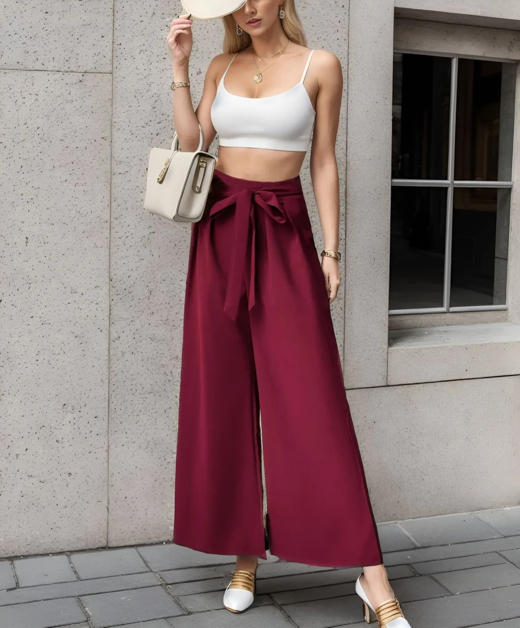 European And American Trousers Lace Up Commute Style High Waist - Wine