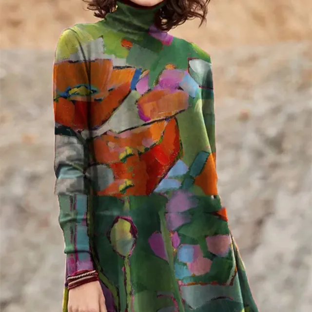 Turtleneck Colorful Oil Painting Print Casual Long Sleeve Oil Painting Figure 4 - Shop at LoveMi