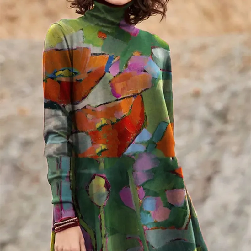 Turtleneck Colorful Oil Painting Print Casual Long Sleeve - Oil Painting Figure 4