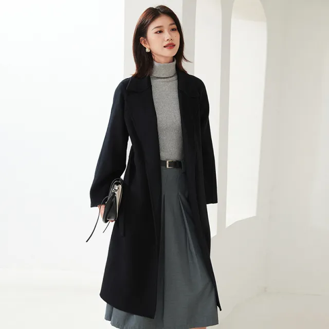 Suit Collar Lace up Loose Leisure Commute Overknee Long Coat Black - Shop at LoveMi