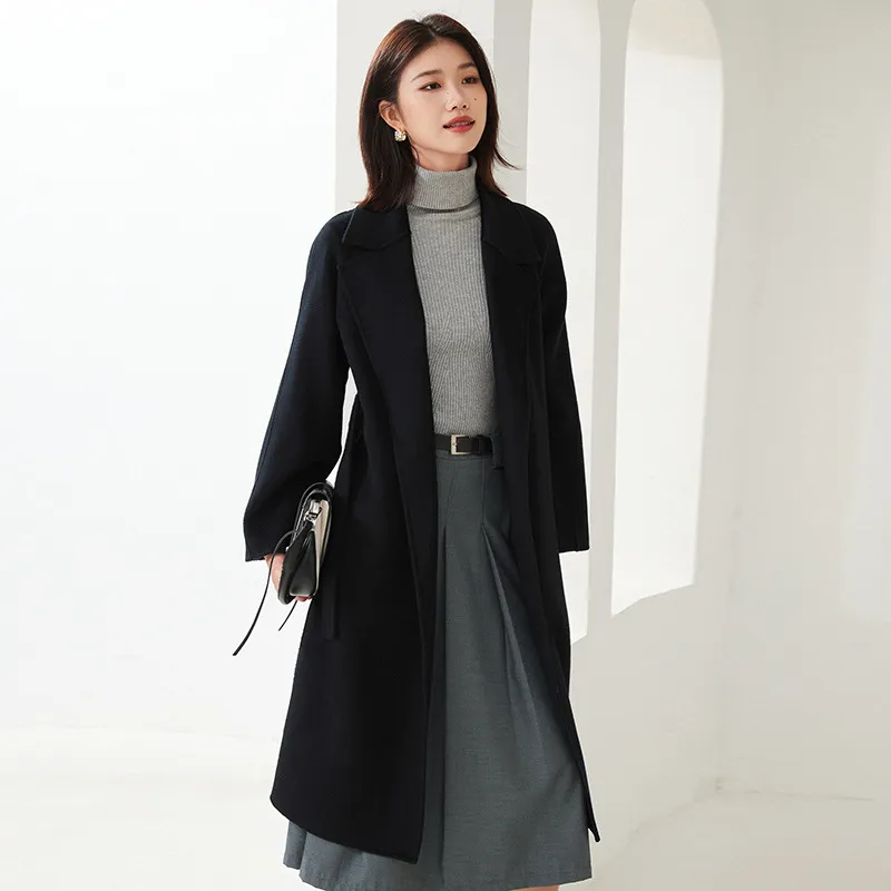 Suit Collar Lace-up Loose Leisure Commute Overknee Long Coat - Black