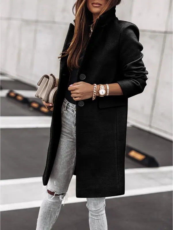 Autumn And Winter Simplicity Long Sleeve Button Woolen Coat Black - Shop at LoveMi