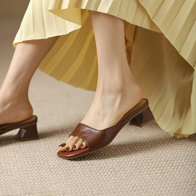 French Retro Chunky Heel Open Toe Sandals Women Brown - Shop at LoveMi