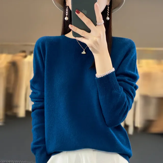 Women's Round Neck Sweater Loose Knitted Bottoming Sweater Seaweed Blue - Shop at LoveMi