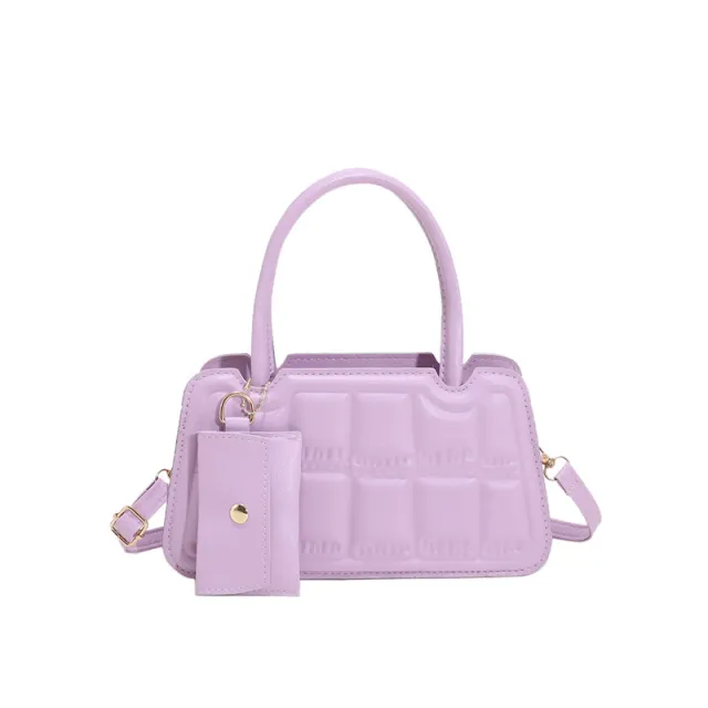 Candy Color Shoulder Bag With Small Wallet Fashion Grid Texture Totes Women Handbag Purple - Shop at LoveMi