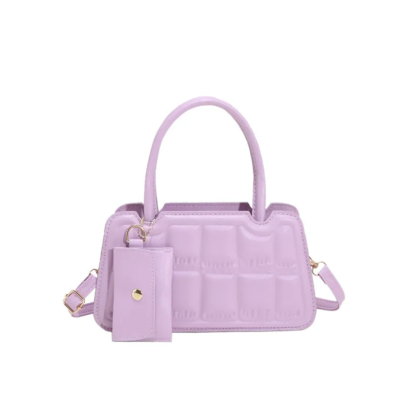 Candy Color Shoulder Bag With Small Wallet Fashion Grid Texture Totes Women Handbag - Purple