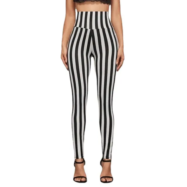 Vertical Stripes High Waist Leggings Cropped Skinny Pants Black And White Stripes - Shop at LoveMi