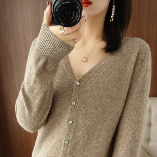 Spring And Summer New V neck Cardigan Loose Plus Size Women's Clothing Camel - Shop at LoveMi