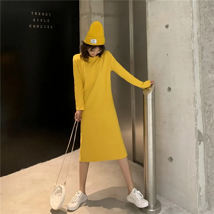 Loose-fitting Figure-flattering Long-sleeved Straight-cut Solid-color Dress - Yellow
