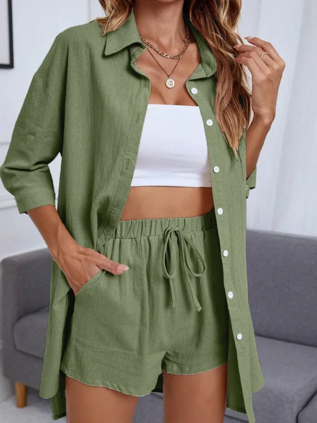 New Fashion Single breasted Shirt Solid Color Casual Loose Outfit Women Green - Shop at LoveMi