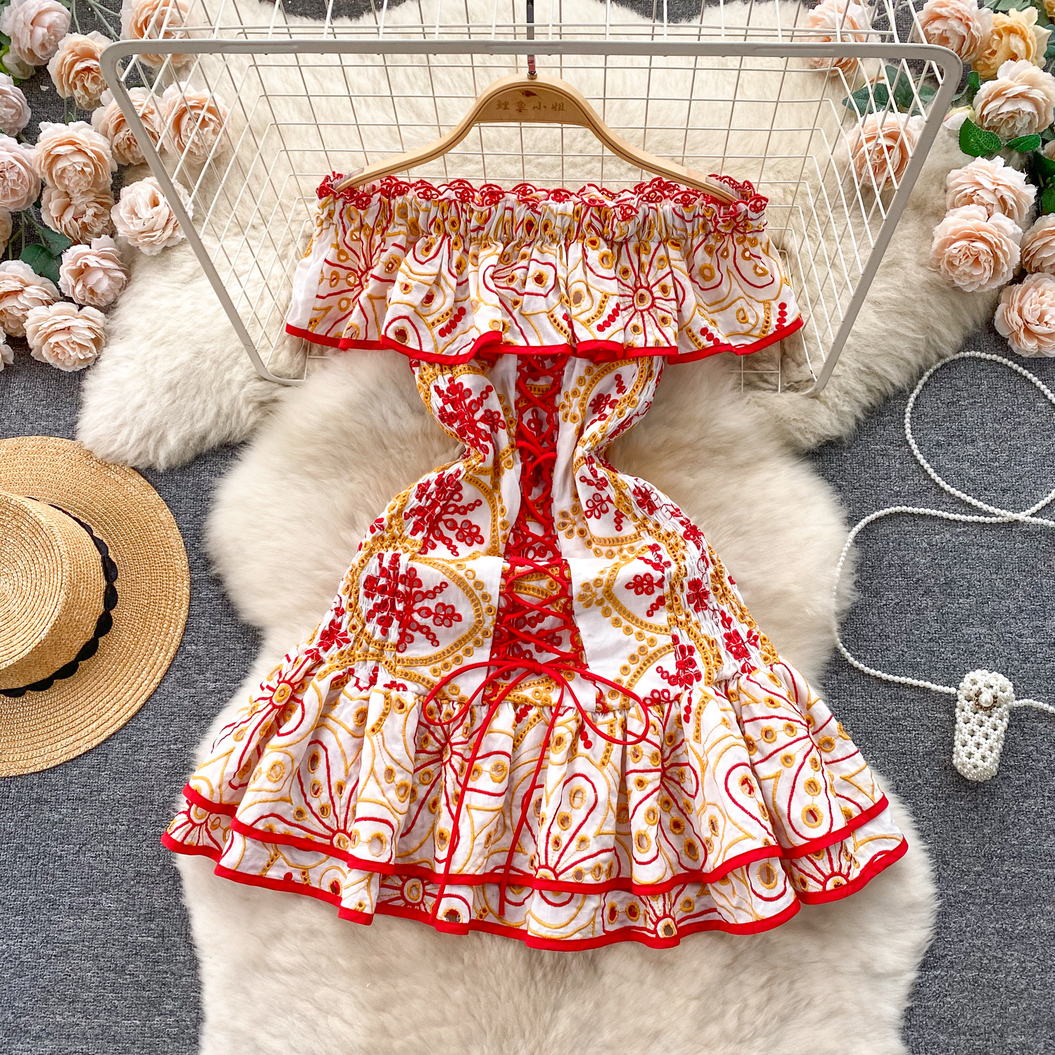 Embroidery Tied Slim Fit Short Flounced Skirt — image 1
