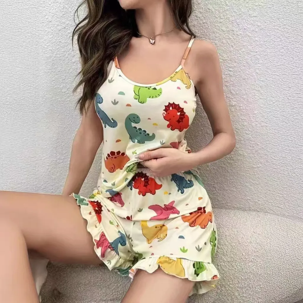 Multi-color Cartoon Dinosaur Printed Sling Top Ruffled Shorts Home Wear Suit - White Dinosaur Print
