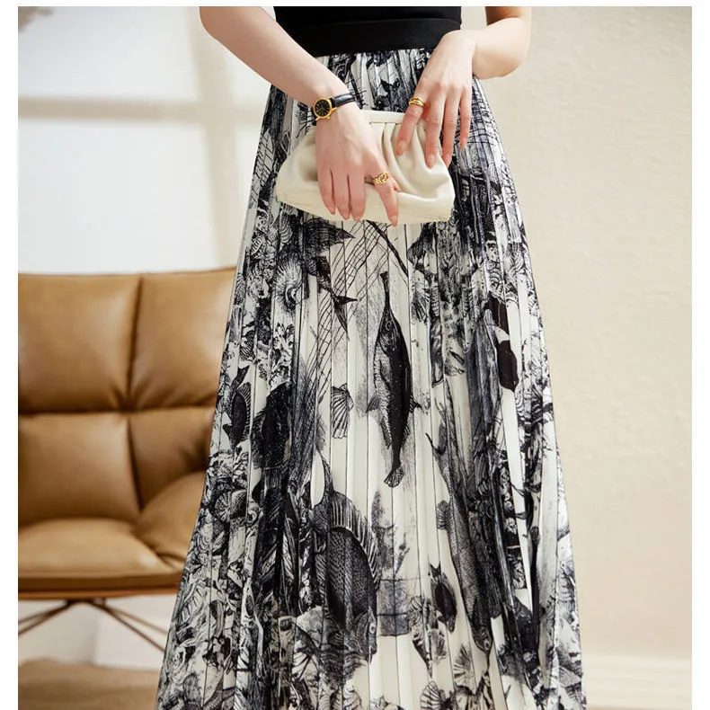 High Waist Skirt Women's Elastic Waist Ink Painting Printed Pleated Skirt - Black