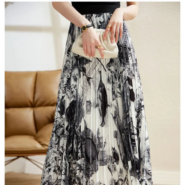 High Waist Skirt Women's Elastic Waist Ink Painting Printed Pleated Skirt Black - Shop at LoveMi