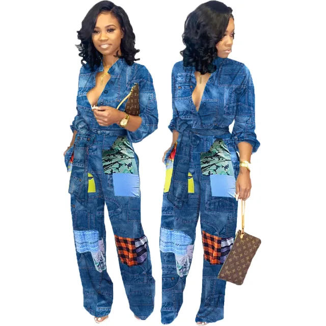 European And American Fashion Denim Jumpsuit Blue - Shop at LoveMi
