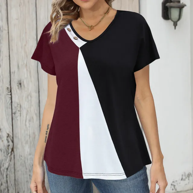 Women's Printing Color Contrast Loose Short sleeved T shirt Button Top Wine Red - Shop at LoveMi