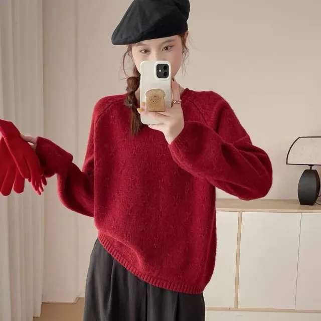 Women's Idle Style Soft Glutinous Sweater Loose Design Curling Red - Shop at LoveMi
