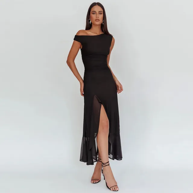 Summer French style Minimalist Sexy Solid color Dress Black - Shop at LoveMi