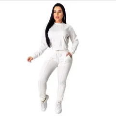 Women's Casual Sports Solid Colour Long Sleeve Pullover Top Drawstring Trousers Suit - White - View 1