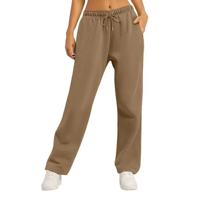Same Style Solid Color Casual Loose Fleece lined Trousers Camel - Shop at LoveMi