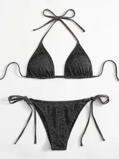 Fashion Bikini Split Bandage Swimsuit - Black - View 1