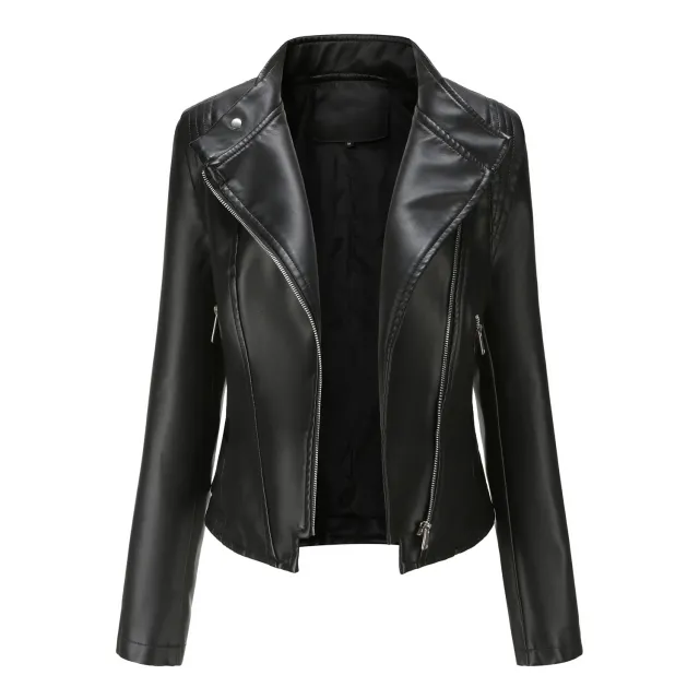 PU Lapel Women Slim fit Leather Coat Women Black - Shop at LoveMi