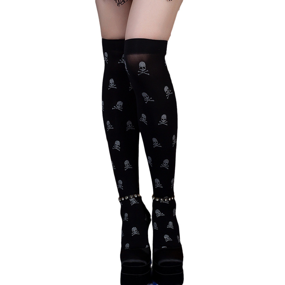Halloween Black Over-the-knee Printed Skull Thigh High Socks - Image 6