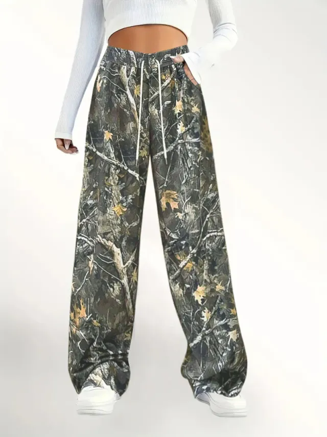 Women's Casual Waist cinching Camouflage Print Straight leg Pants Green - Shop at LoveMi