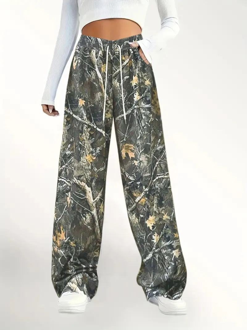 Women's Casual Waist-cinching Camouflage Print Straight-leg Pants - Green
