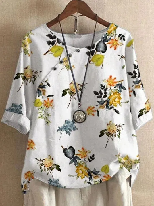 Women's Cotton And Linen Fashion Printed Loose Shirt Yellow Small Flower - Shop at LoveMi