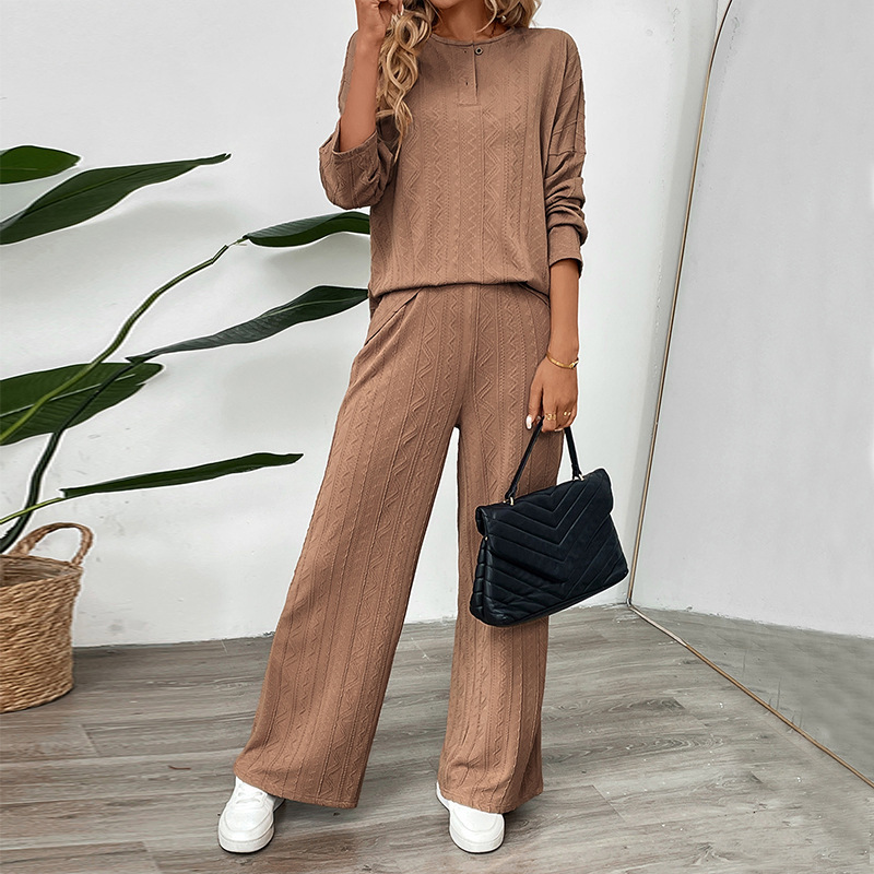 Casual Buckle Texture Fabric Solid Color Wide-leg Pants Suit