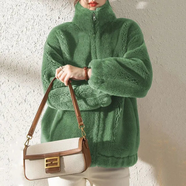 New Solid Color Coral Fleece Short Coat Women's Loose Green - Shop at LoveMi
