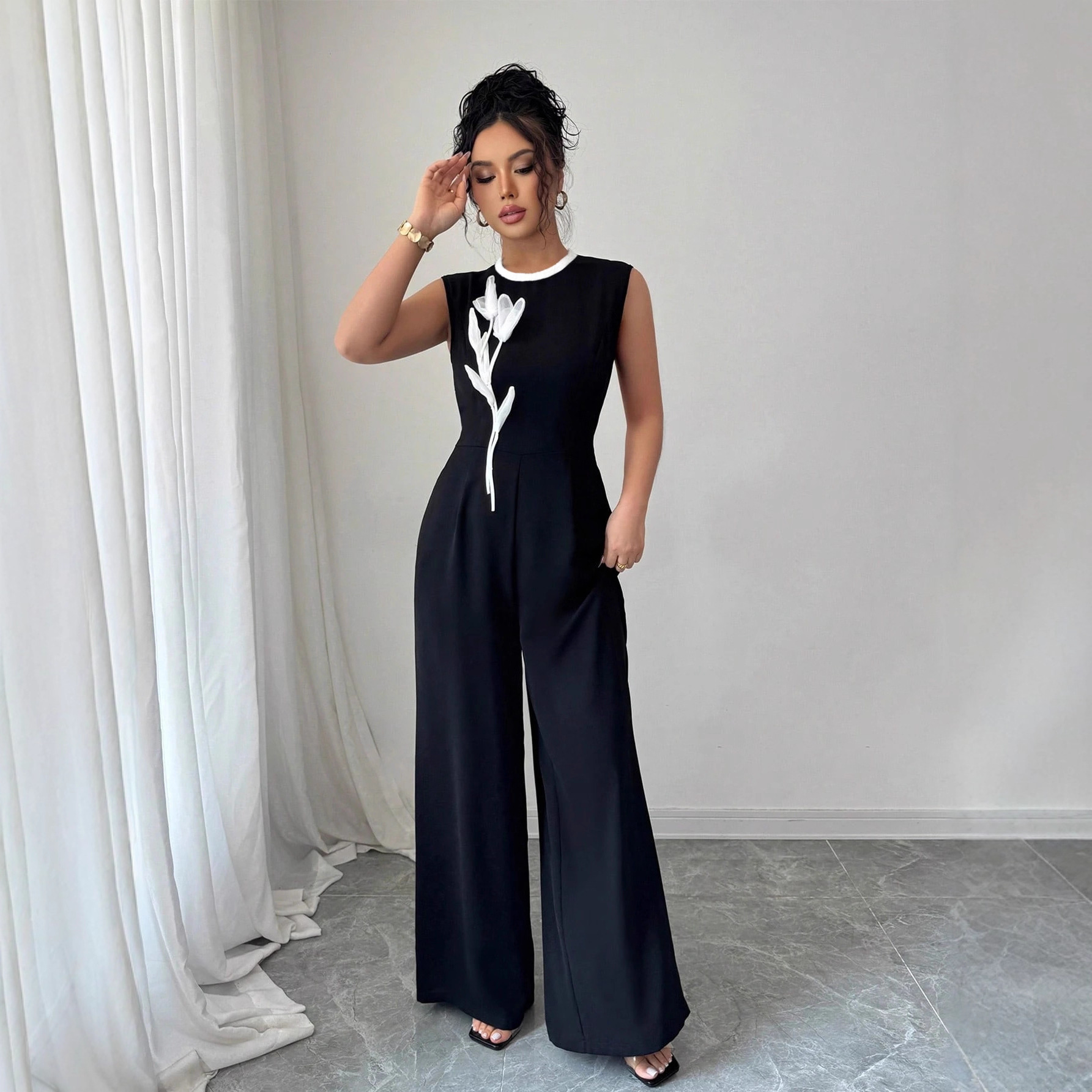 Elegant Embroidered Black Crew-Neck Sleeveless Wide-Leg Jumpsuit - Image 3