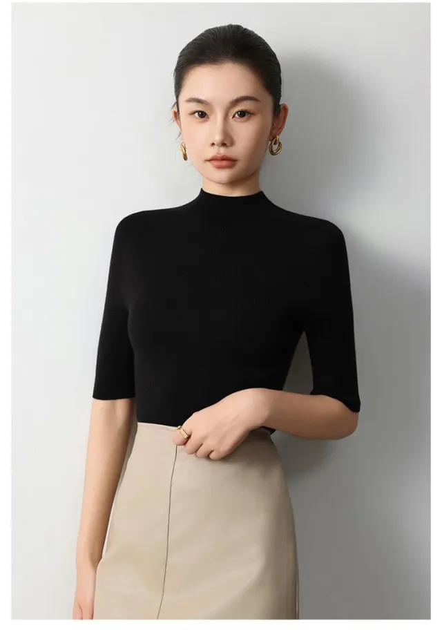 Half Turtleneck Bottoming Top High grade Half Sleeve Sweater Pure Black - Shop at LoveMi