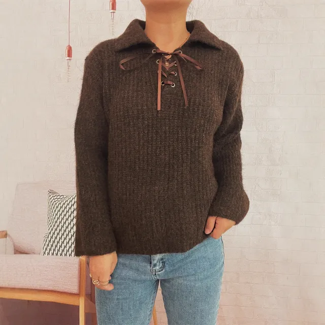 Simple Commute Lapel Tied Knitted Pullover Solid Color Loose Sweater Brown - Shop at LoveMi