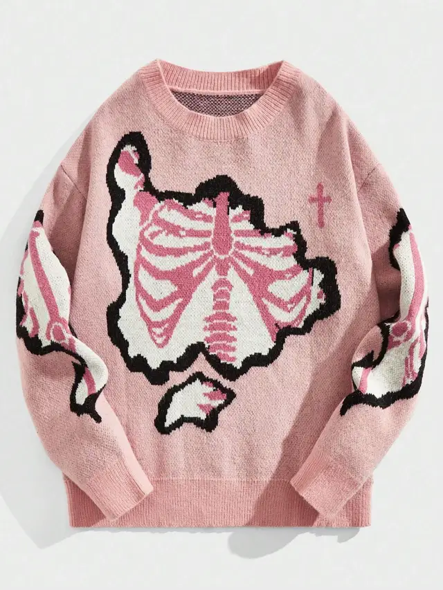 Personality Street Trend Dark Style Skeleton Jacquard Round Neck Pullover Knitted Sweater Pink - Shop at LoveMi
