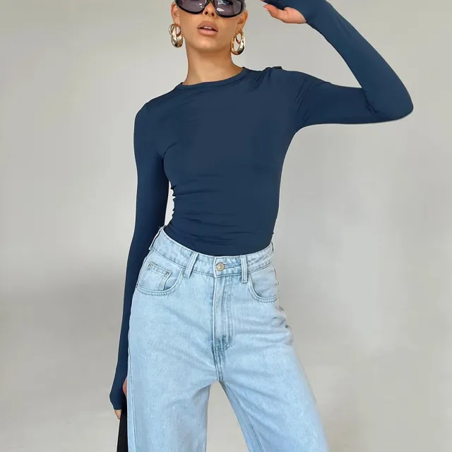 New Women's Solid Color Base Round Neck Long Sleeve Top Women Blue - Shop at LoveMi